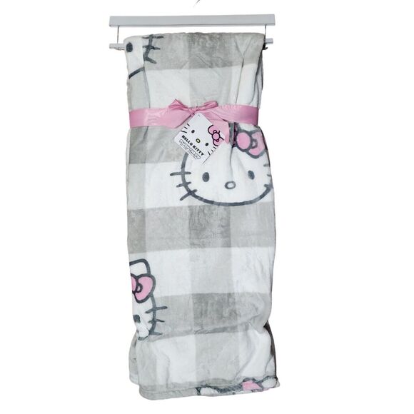 Sanrio Hello Kitty Throw Blanket 50 x 70 in Soft Plush Gray Plaid White Big Head - Picture 1 of 3